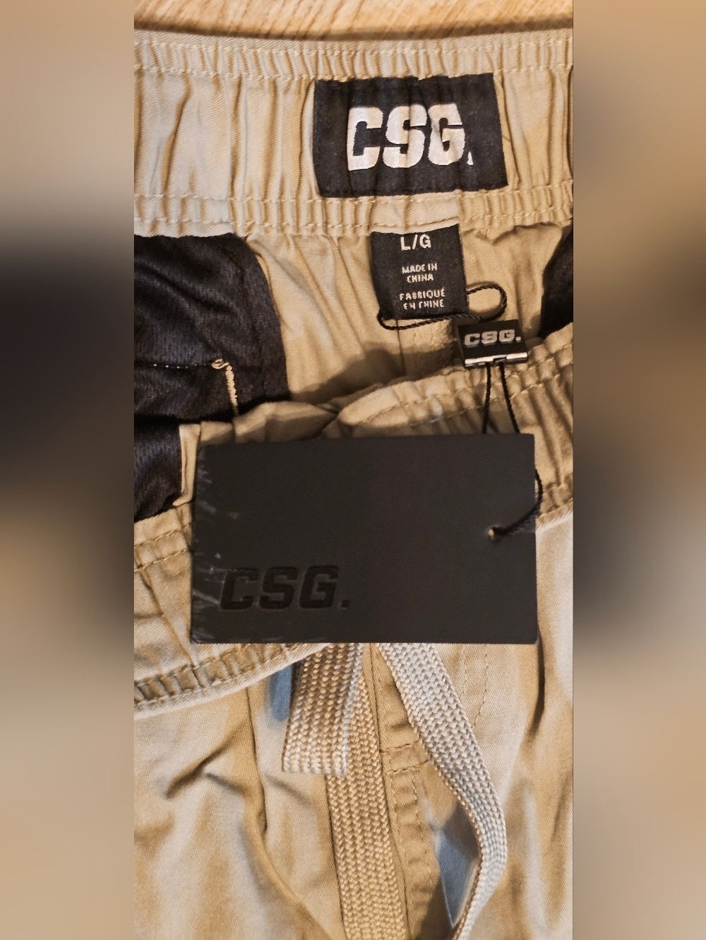 CSG Moto Shorts Men's Large Dark Sand Khaki Cotton Cargo Casual Drawstring NEW - Picture 4 of 8